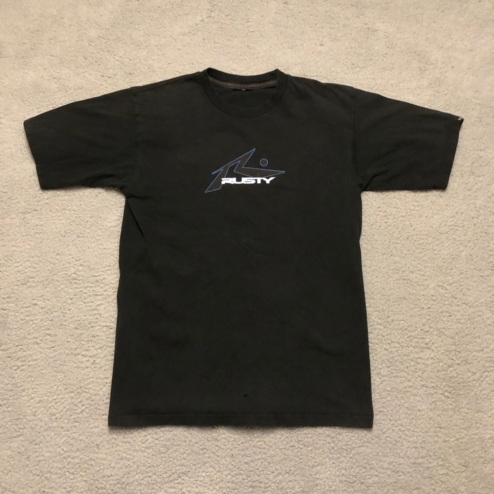 Rusty Mens Graphic Surf T-Shirt‎ Black Short Sleeve Crewneck Distressed S